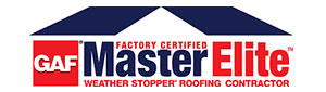 GAF Master Elite certified Weather Stopper roofing contractor badge logo showing top-level GAF certification for high-quality, reliable roofing installation.