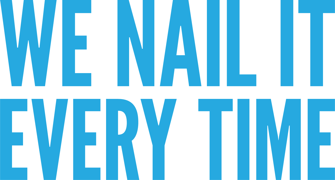 Wolf River Construction slogan 'We Nail It Every Time' in bold blue lettering.