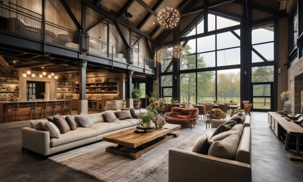 Luxurious barndominium interior designed by Wolf River Construction, featuring open living spaces and modern rustic decor.