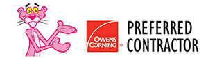 Owens Corning Preferred Contractor roofing badge logo featuring the Pink Panther, representing certified, high-quality and reliable roofing installation.
