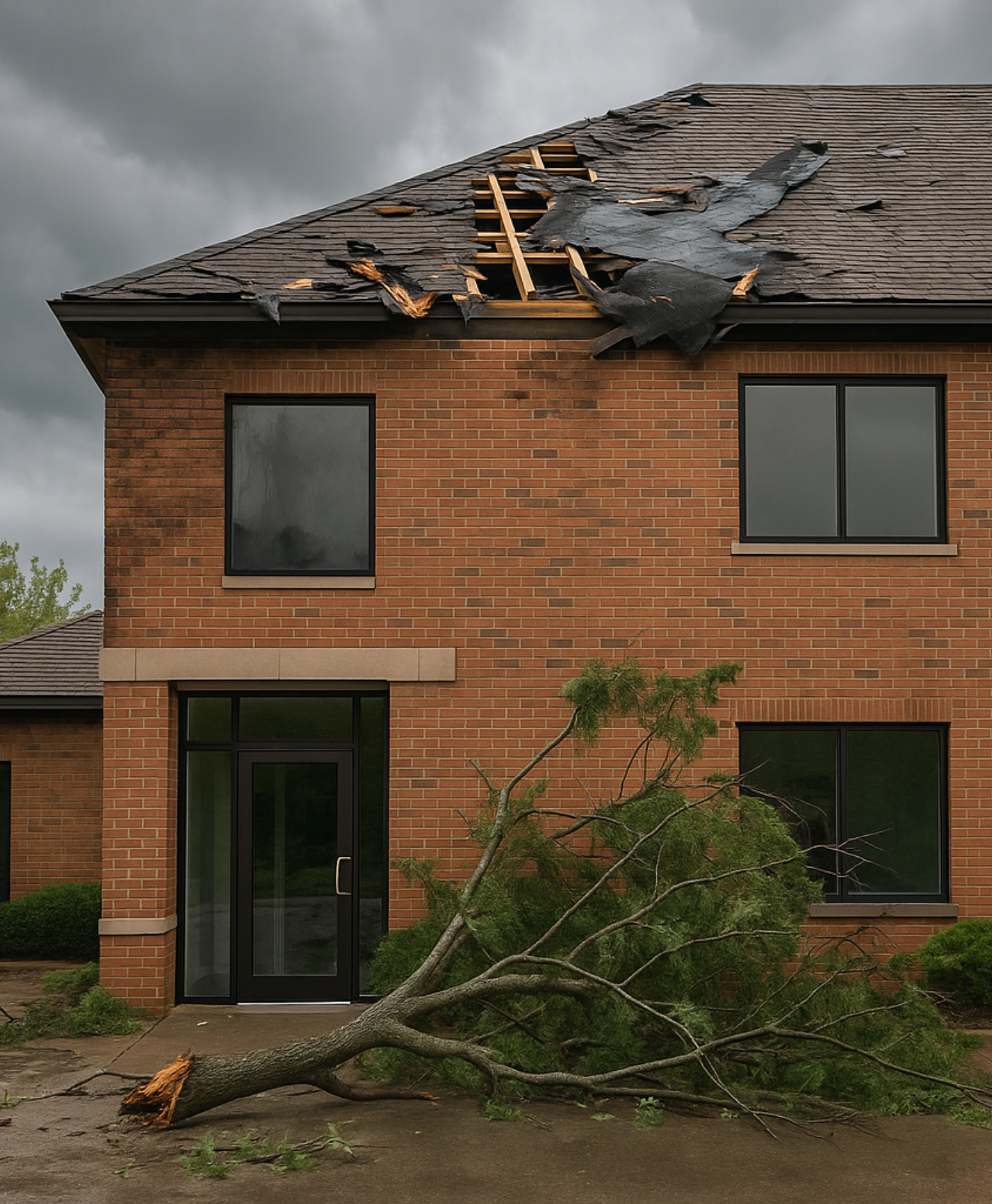 Commercial brick building with severe storm damage — roof partially torn off and broken tree lying in front after heavy winds. Commercial brick building with severe storm damage — roof partially torn off and broken tree lying in front after heavy winds.