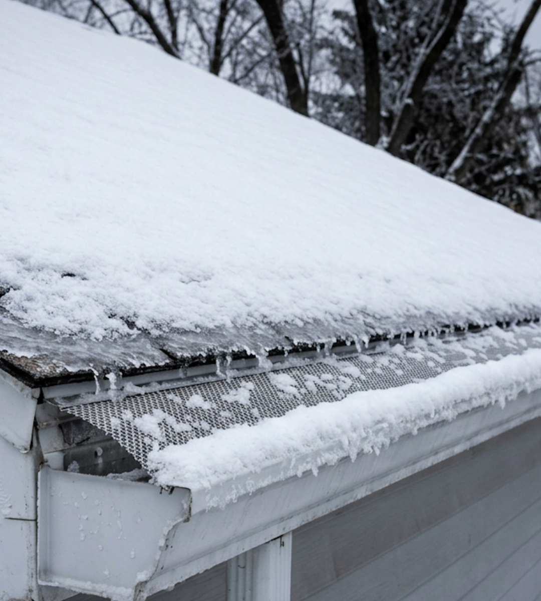 Gutter guards covered in snow and ice on a residential home in the Midwest — Wolf River Construction gutter protection installation utter guards covered in snow and ice on a residential home in the Midwest — Wolf River Construction gutter protection installation