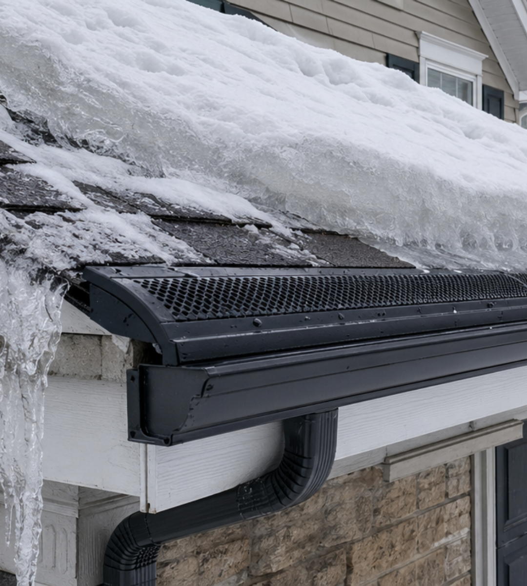Dark mesh gutter guards on a Midwest home withstanding heavy snow and ice buildup — professional gutter guard installation by Wolf River Construction Dark mesh gutter guards on a Midwest home withstanding heavy snow and ice buildup — professional gutter guard installation by Wolf River Construction