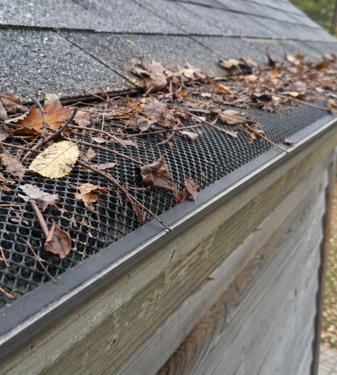Leaves and debris collecting on mesh gutter guards in fall — why Midwest homeowners need professional gutter guard installation before winter Leaves and debris collecting on mesh gutter guards in fall — why Midwest homeowners need professional gutter guard installation before winter