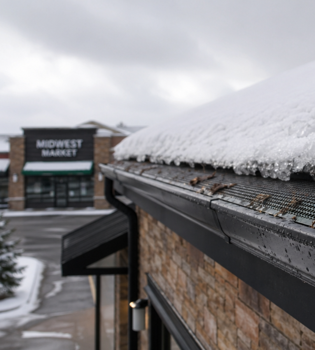 Debris-clogged mesh gutter guards on a Midwest commercial retail building in winter — commercial gutter protection installation by Wolf River Construction Debris-clogged mesh gutter guards on a Midwest commercial retail building in winter — commercial gutter protection installation by Wolf River Construction