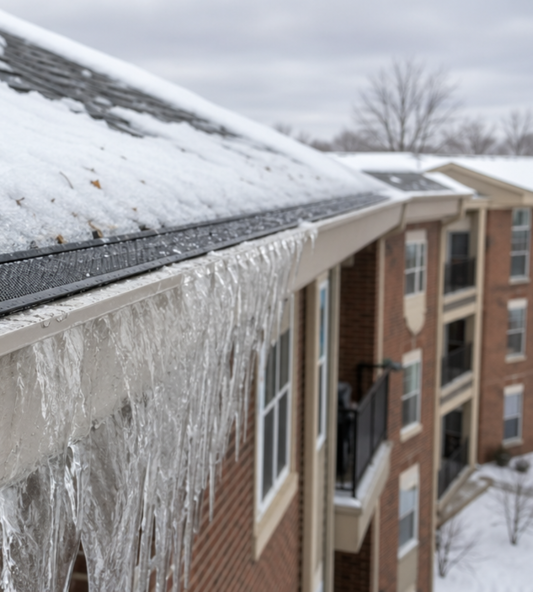 Severe ice overflow and icicles forming on unprotected gutters of a Midwest multi-family apartment building in winter — why commercial properties need professional gutter guard installation Severe ice overflow and icicles forming on unprotected gutters of a Midwest multi-family apartment building in winter — why commercial properties need professional gutter guard installation