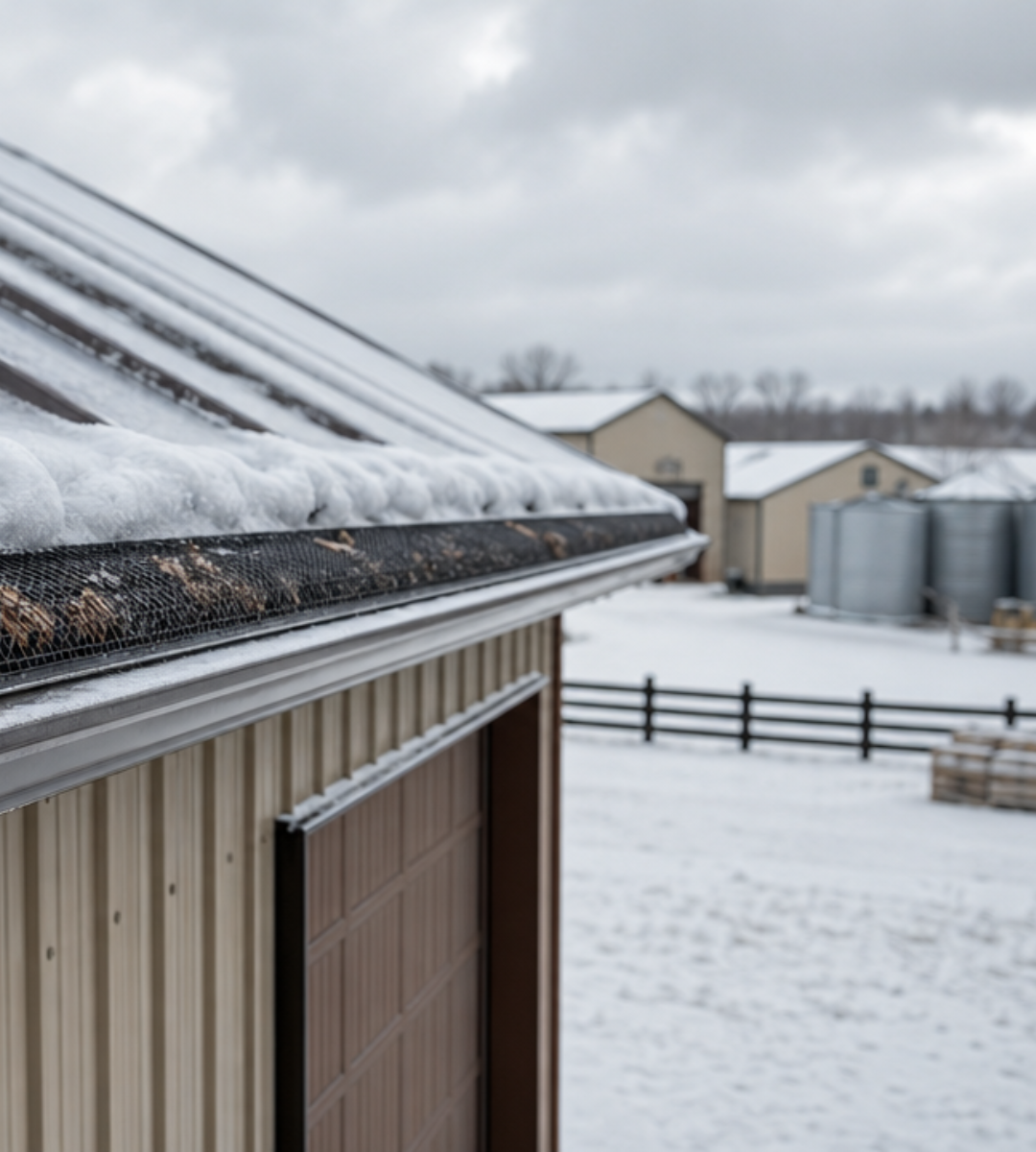 Snow and debris accumulating in gutter guards on a Midwest agricultural storage facility in winter — commercial and rural gutter protection installation by Wolf River Construction Snow and debris accumulating in gutter guards on a Midwest agricultural storage facility in winter — commercial and rural gutter protection installation by Wolf River Construction