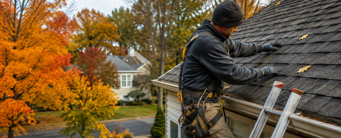 Wolf River Construction roofing professional performing a fall roof inspection on a Minnesota home before winter.
