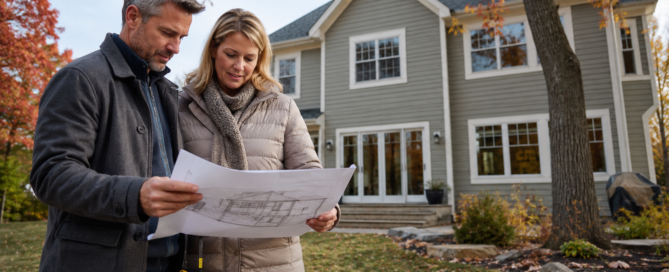 Homeowner and Wolf River Construction professional planning a Minnesota home addition in the fall.