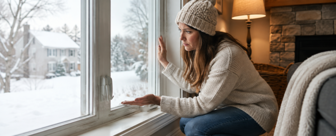 Homeowner checking windows for cold drafts and energy efficiency during a Minnesota winter.