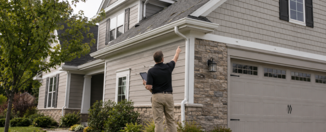 Wolf River Construction inspector checking a Midwest home for hail damage before winter.